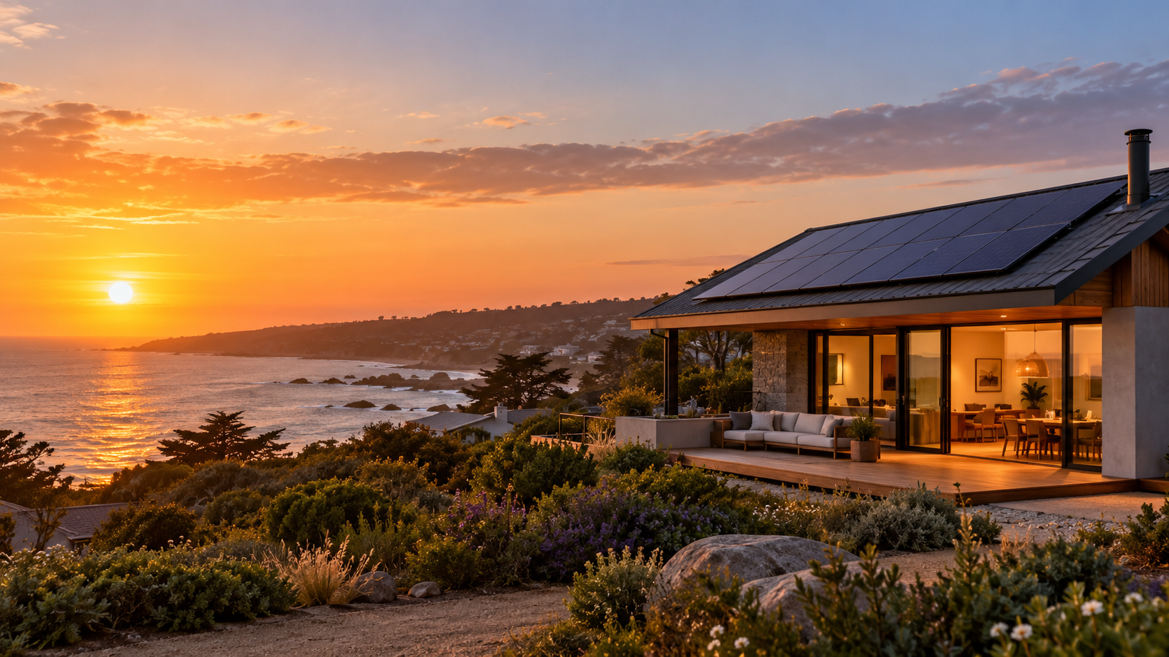 Imagen ilustrativa generada con IA de una vivienda costera con paneles solares al atardecer; no es una instalación realizada por D Torres Solar.